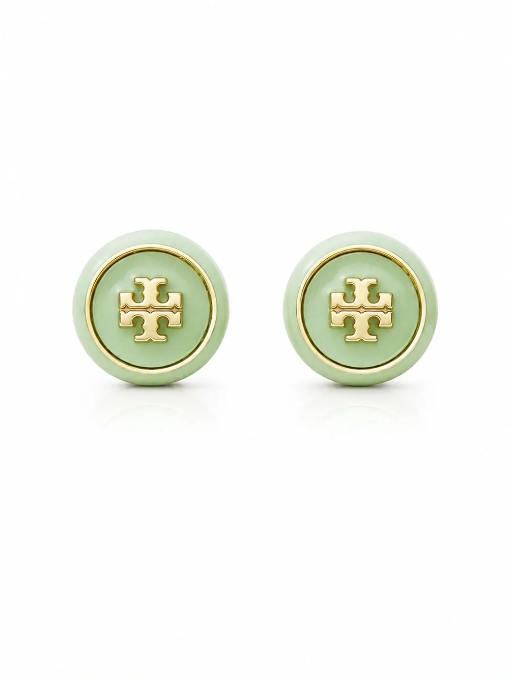 Tory Burch Gold-Tone Logo Green Enamel Circle Stud Earrings